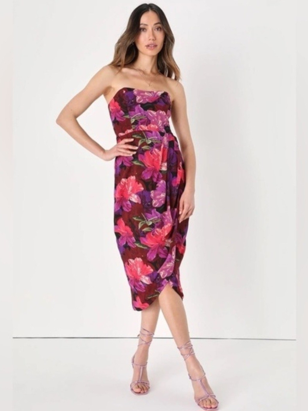 Lulu's Strapless Floral Midi Dress in Plum and Pink